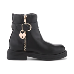 Black Kids Heart Lock Decor Buckle Strap Ankle Boots