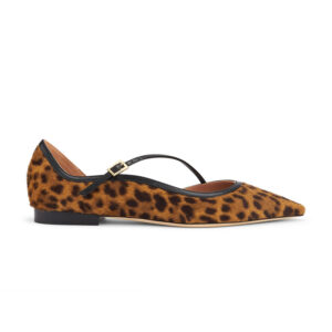 Leopard Print Pointed Toe T-Strap Mary Jane Flats