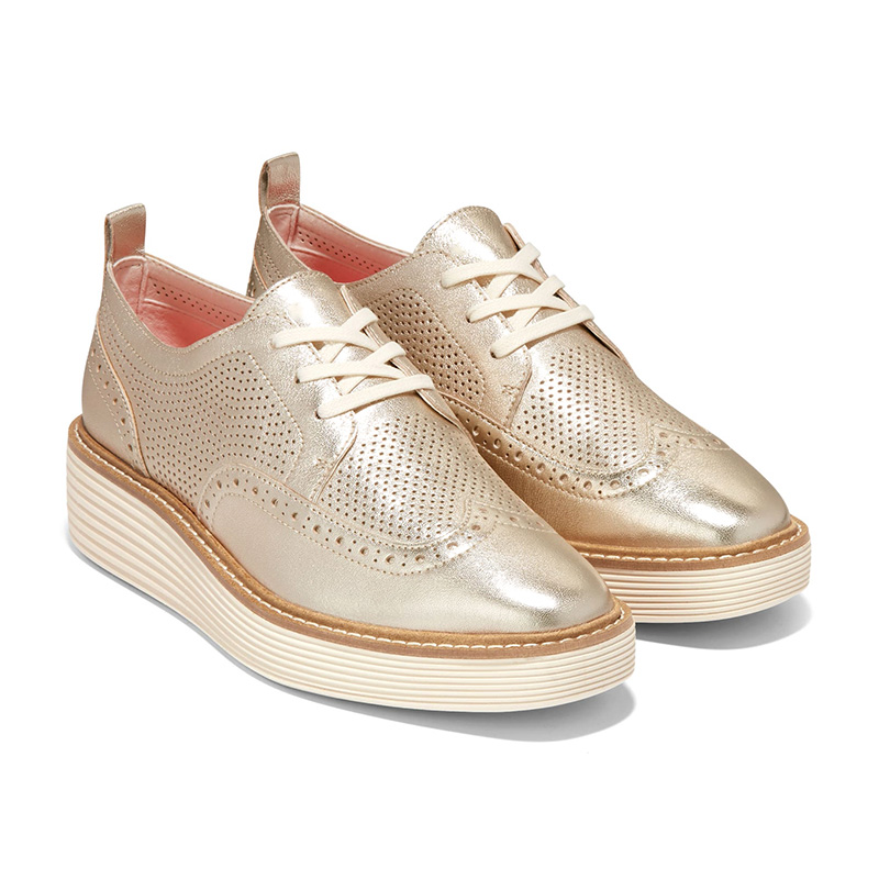 Gold Metallic Perforated Brogue Platform Lace-Up Flatform Oxford Shoes