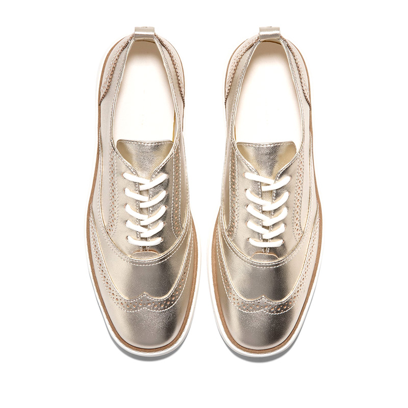 Gold Metallic Leather Brogue Chunky Sole Lace-Up Flatform Shoes