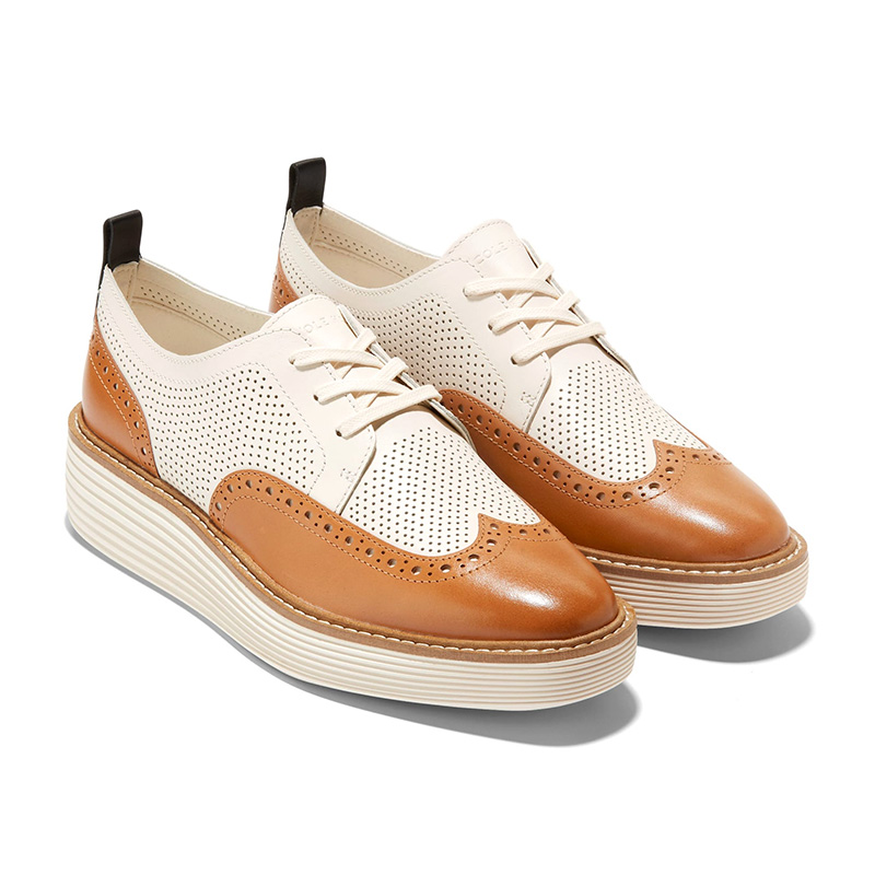 Gold Metallic Perforated Brogue Platform Lace-Up Flatform Oxford Shoes