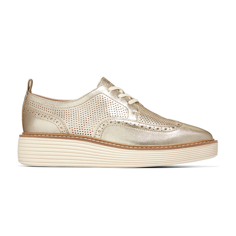 Gold Metallic Perforated Brogue Platform Lace-Up Flatform Oxford Shoes