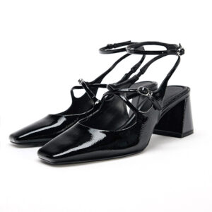 Black Crinkle Patent Slingback Block Heel Pumps