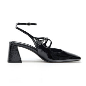 Black Crinkle Patent Slingback Block Heel Pumps