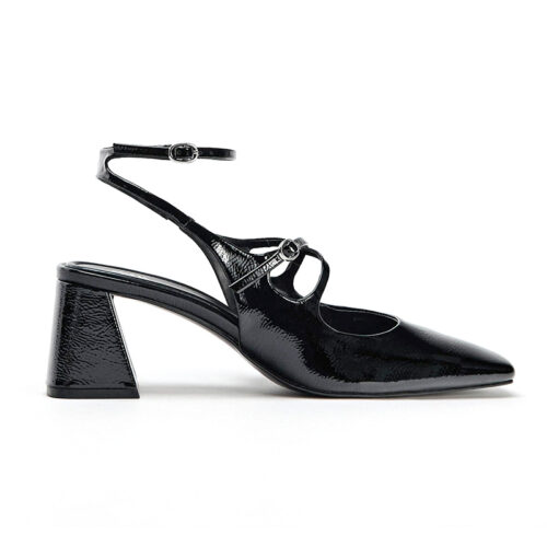 Black Crinkle Patent Slingback Block Heel Pumps