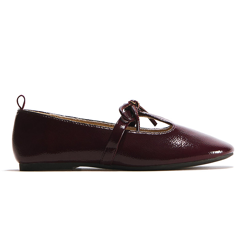 Burgundy Girls T-Strap Bow Patent Mary Jane Flats