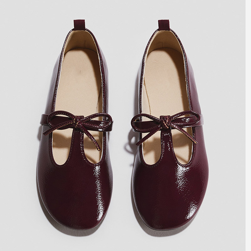 Burgundy Girls T-Strap Bow Patent Mary Jane Flats
