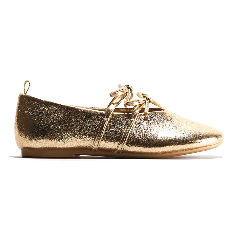 Gold Girls Double Bow Metallic Mary Jane Flats