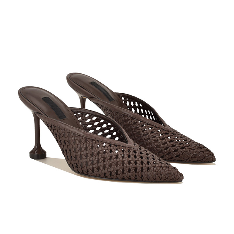 Woven Mesh Pointed Toe Sculpted Heel Mules
