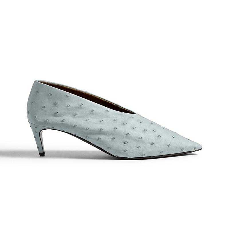 Textured V Cut Pointed Toe Kitten Heel Pumps