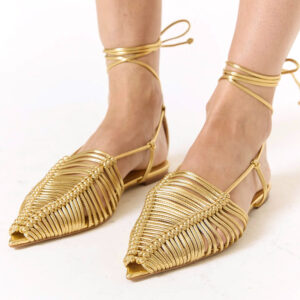Woven Pointed Toe Lace Up Flat Sandals