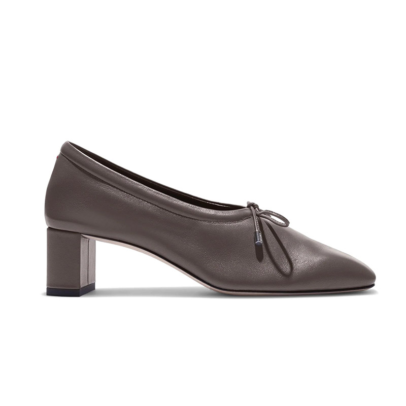 Grey Square Toe Block Heel Pumps with Front Bow