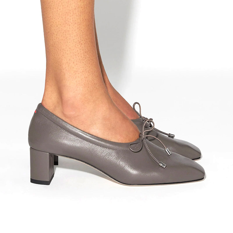 Grey Square Toe Block Heel Pumps with Front Bow