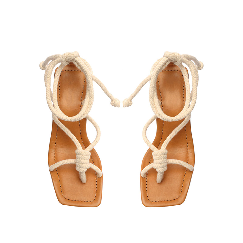 Rope Tie Square Toe Block Heel Sandals