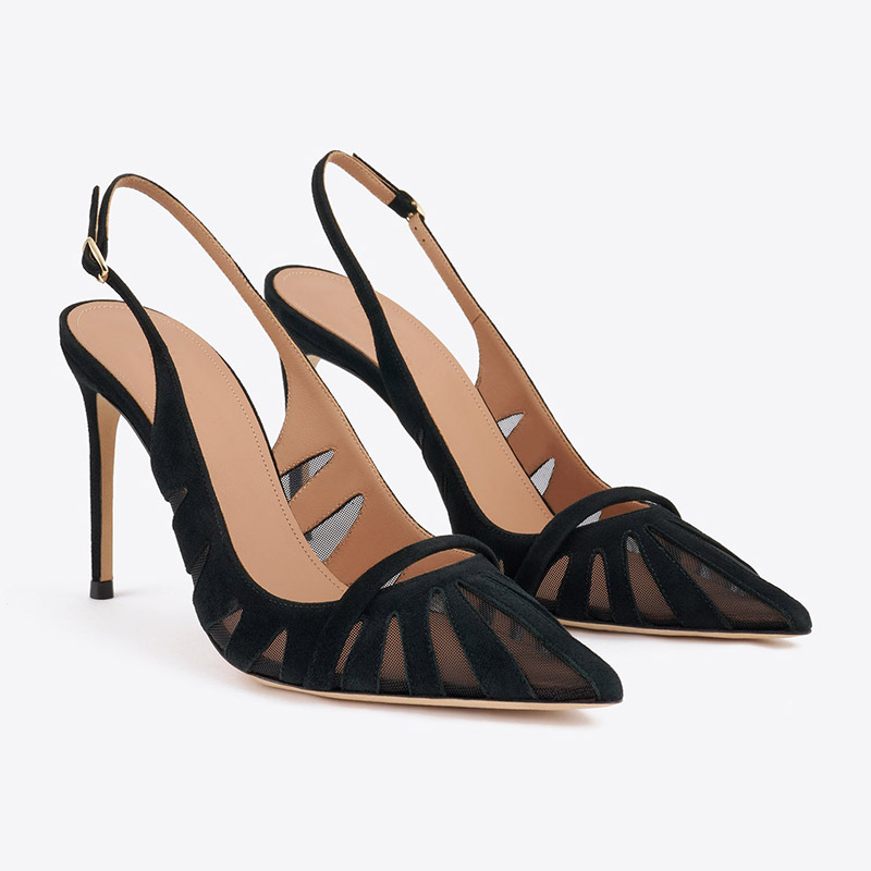 Mules à talons aiguilles et bout pointu, avec découpes en maille