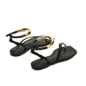 Gold Metal Detail Square Toe Flat Sandals