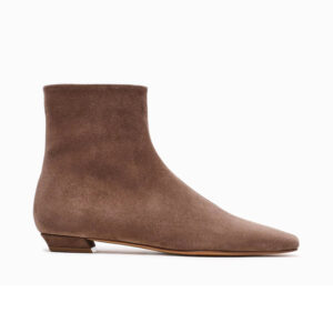 Bottines en daim taupe à bout carré et talon bloc bas