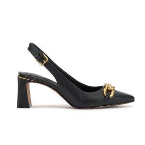 Zapatos de tacón grueso con talón abierto, punta afilada y cadena gruesa dorada