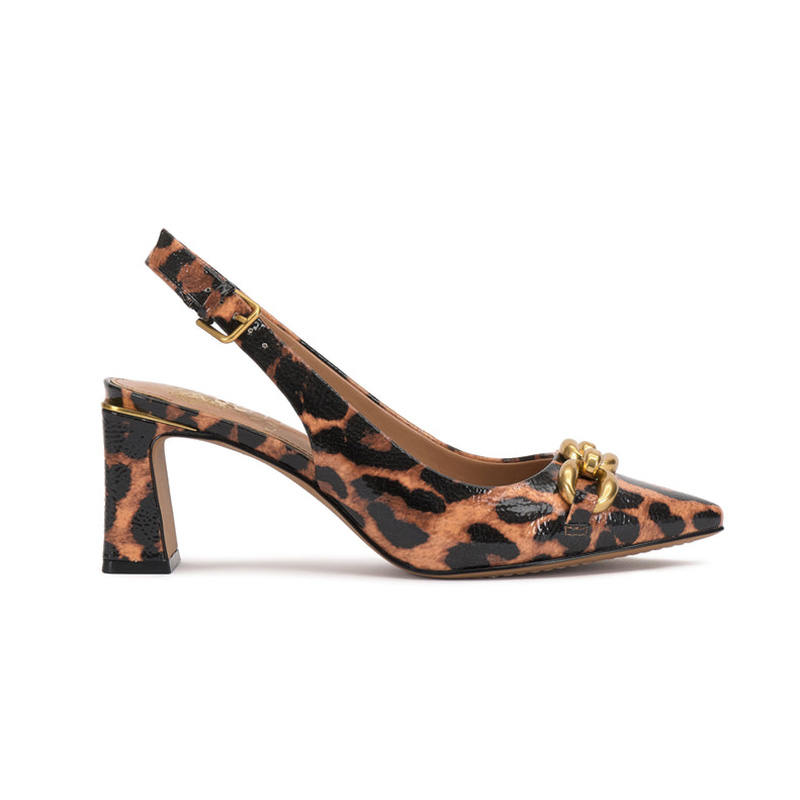 Zapatos de tacón grueso con talón abierto, punta afilada y cadena gruesa dorada