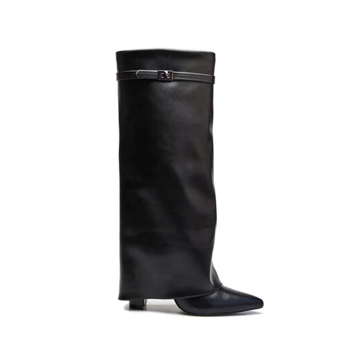 Black Fold-over Knee High Boots with Buckle Strap & Pointed Toe