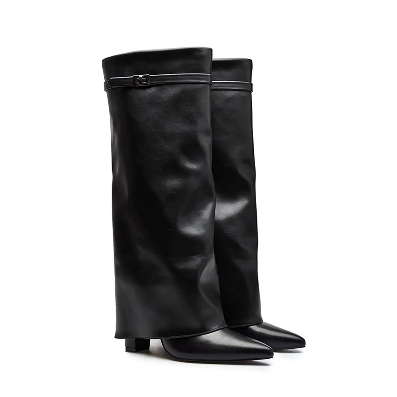 Black Fold-over Knee High Boots with Buckle Strap & Pointed Toe