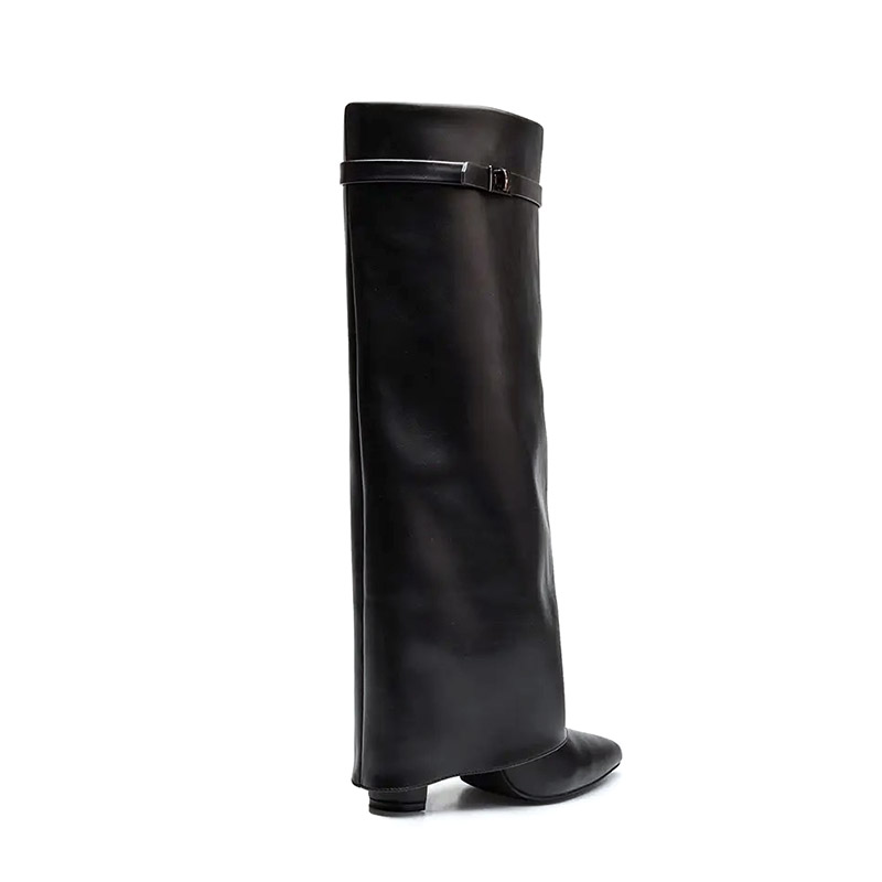 Black Fold-over Knee High Boots with Buckle Strap & Pointed Toe