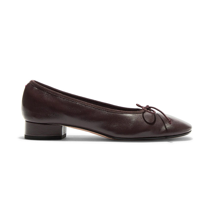 Square Toe Bow Low Block Heel Ballet Pumps