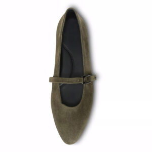 Olive Green Suede Mary Jane Flat Shoes with Buckle Strap