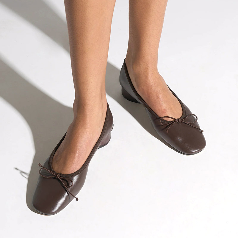 Square Toe Bow Low Block Heel Ballet Pumps