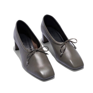 Grey Square Toe Block Heel Pumps with Front Bow