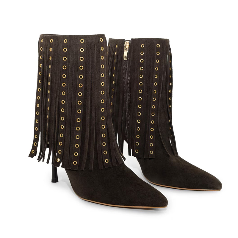 Dark Brown Suede Fringe Ankle Boots with Gold Eyelets