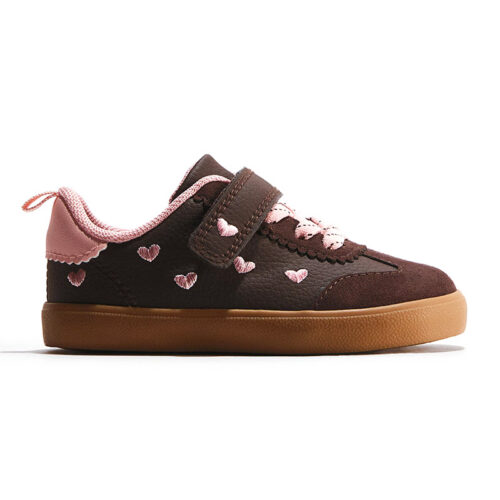 Brown Kids Heart Embroidery Hook & Loop Casual Sneakers
