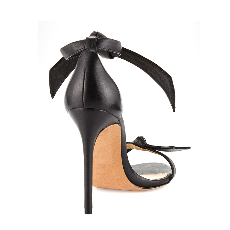 Black Leather Bow Detail Ankle Tie Stiletto Heel Sandals