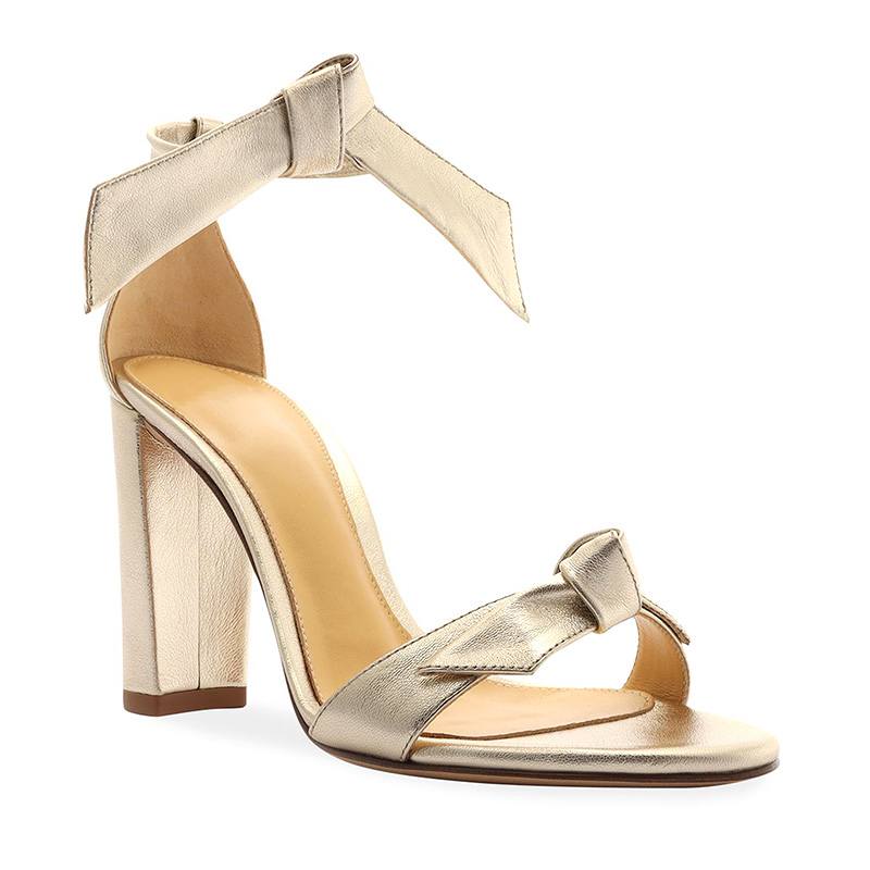 Champagne Gold Metallic Bow Detail Block Heel Ankle Tie Sandals