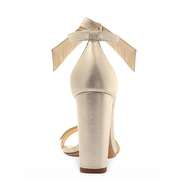 Champagne Gold Metallic Bow Detail Block Heel Ankle Tie Sandals