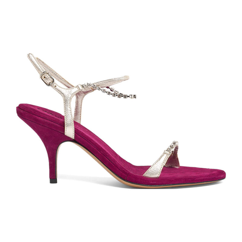 Fuchsia Suede Rhinestone Strappy Stiletto Heel Evening Sandals