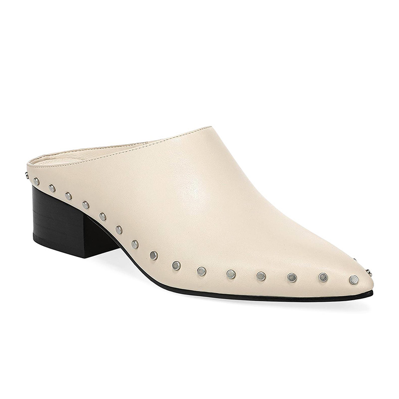 Leather Studded Pointed Toe Block Heel Backless Mules