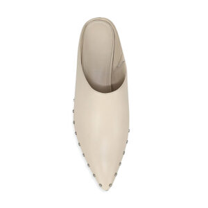 Leather Studded Pointed Toe Block Heel Backless Mules