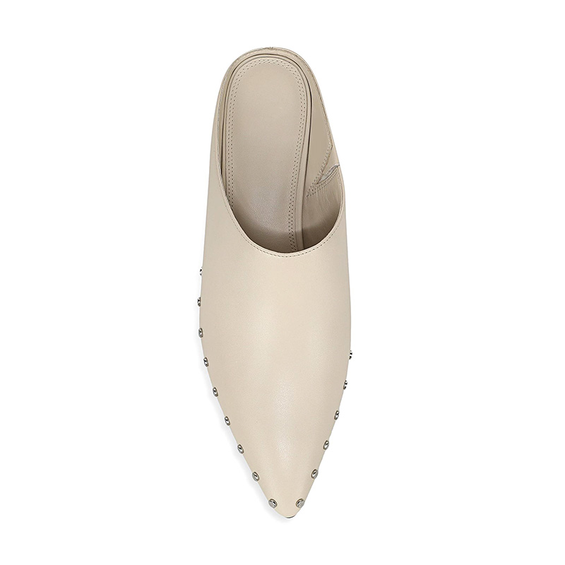 Leather Studded Pointed Toe Block Heel Backless Mules