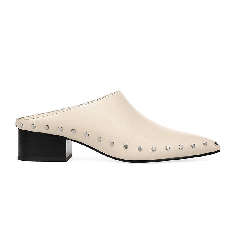 Leather Studded Pointed Toe Block Heel Backless Mules