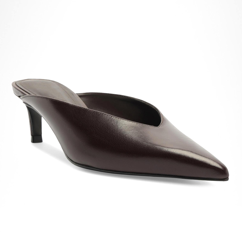 Dark Brown Pointed Toe V-Cut Kitten Heel Mules