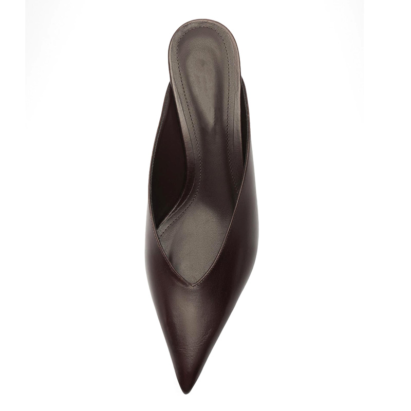 Dark Brown Pointed Toe V-Cut Kitten Heel Mules