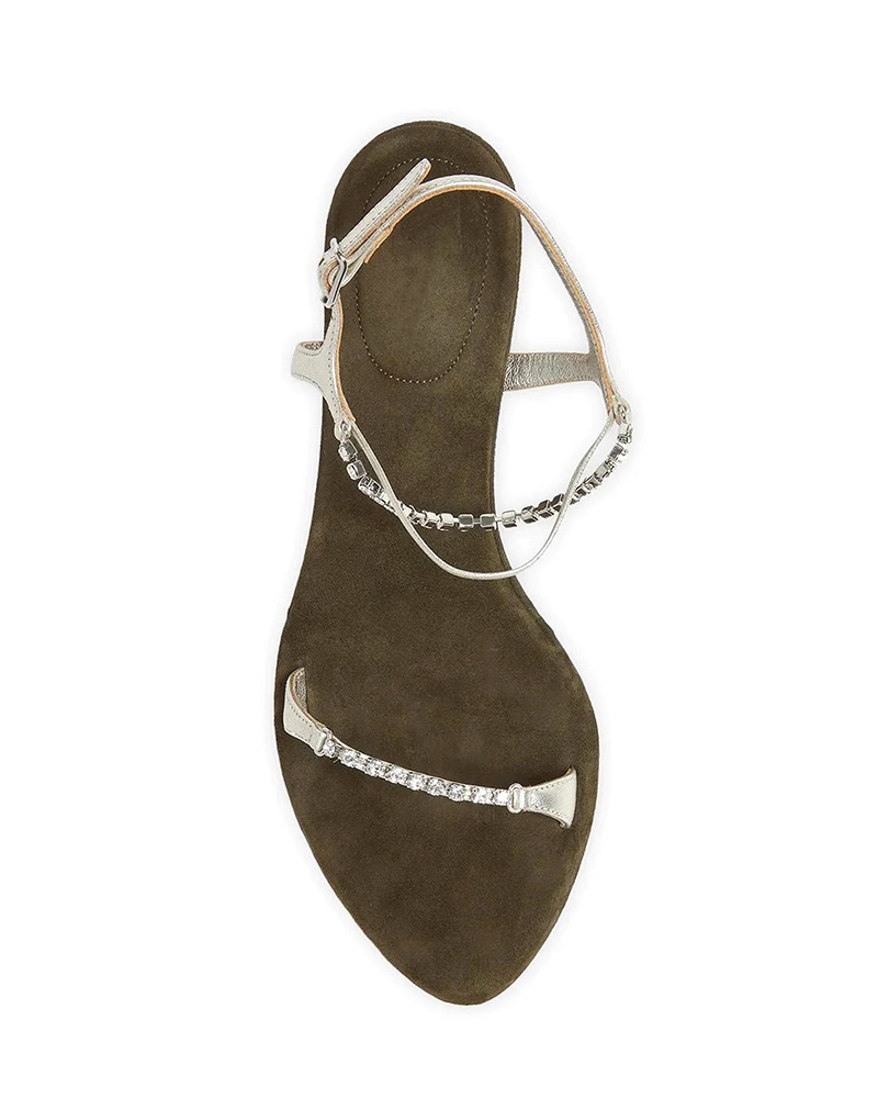 Sandales à talons aiguilles et bout pointu en daim olive, ornées de cristaux