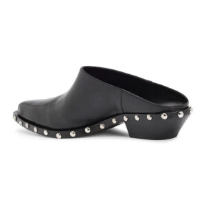 Mules de cuero negro con punta afilada, plataforma y tacón grueso con tachuelas