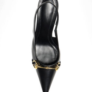 Black Leather Pointed Toe Gold Horsebit Slingback Stiletto Pumps