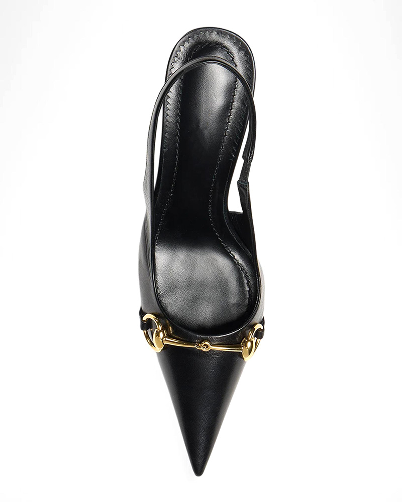 Black Leather Pointed Toe Gold Horsebit Slingback Stiletto Pumps
