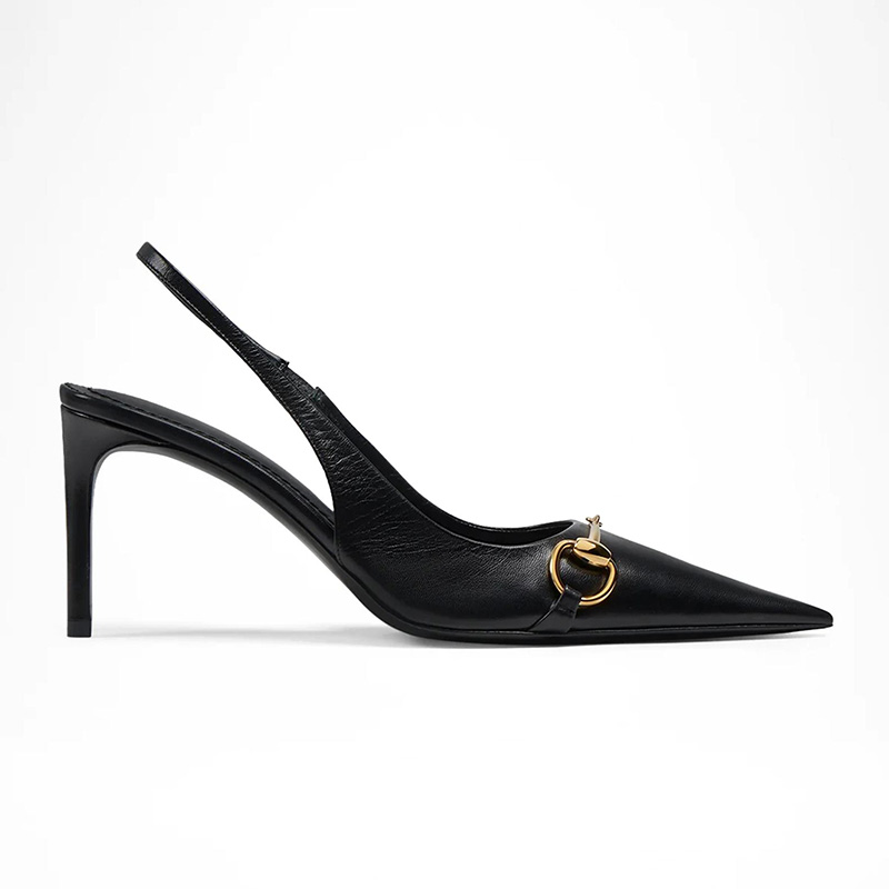 Black Leather Pointed Toe Gold Horsebit Slingback Stiletto Pumps