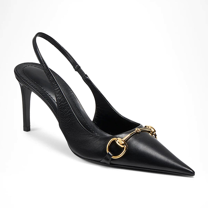 Black Leather Pointed Toe Gold Horsebit Slingback Stiletto Pumps