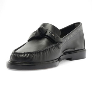 Mocasines de cuero negro suave con detalle de nudo, ribete con ojales y empeine fruncido