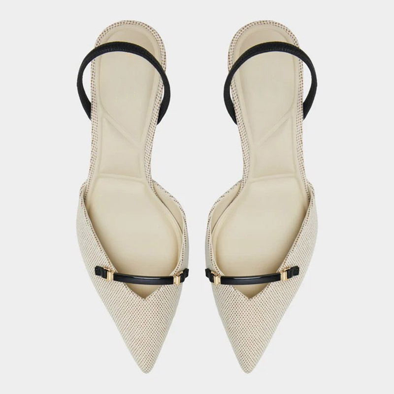 Beige Woven Pointed Toe Slingback Kitten Heels with Black Strap Detail
